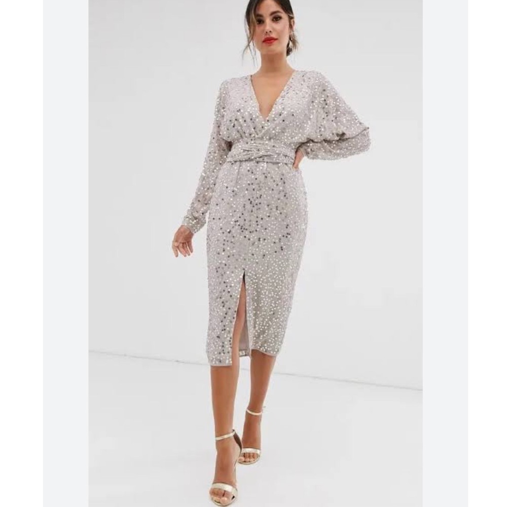 ASOS Sequin Wrap Front Midi Dress Taupe Gold Silver Batwing Sleeve US 8 Party